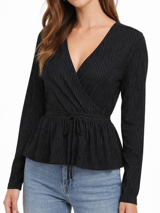 Good Luck Gem Tops - Good Luck Gem NWT Black Pinstripe Wrap Peplum Top Size XS